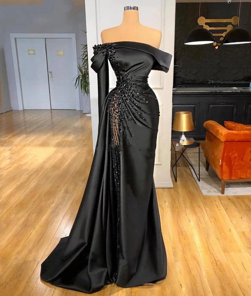 

Customized Temperament Satin Mermaid Off the Shoulder Crystal Beading Evening Dress Sexy Long Sleeves فساتين سهرات