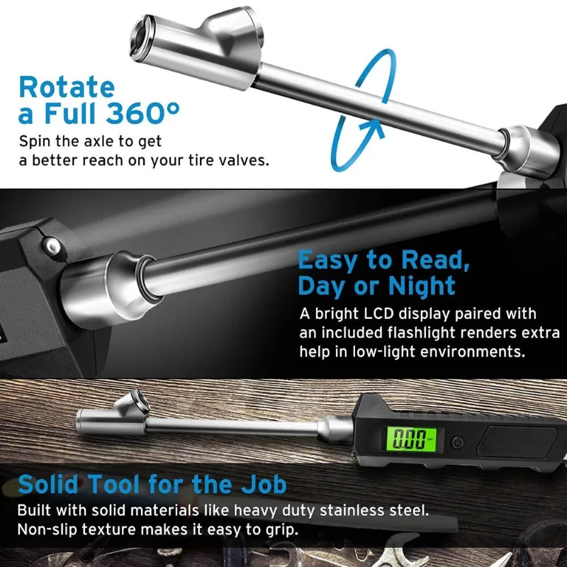 مقياس ضغط الإطارات الرقمي 230 رطل لكل بوصة مربعة مزدوج الرأس من الفولاذ المقاوم للصدأ لشاحنة سيارة LCD مصباح يدوي اختبار السيارة