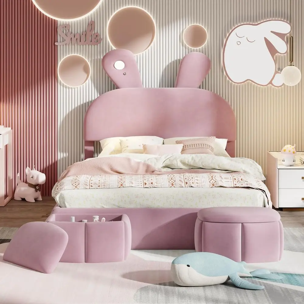 

Full Size Upholstered Platform Bed with LED, Rabbit Shaped Headboard, and Storage Stools, Pink