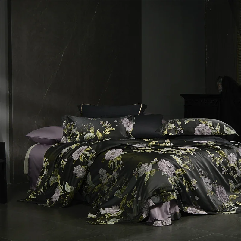 Luxury Brocade Jacquard Satin Egyptian Cotton Bedding Set Floral Duvet Cover Set Flat/Fitted Bed Sheet With Pillowcases 4Pcs