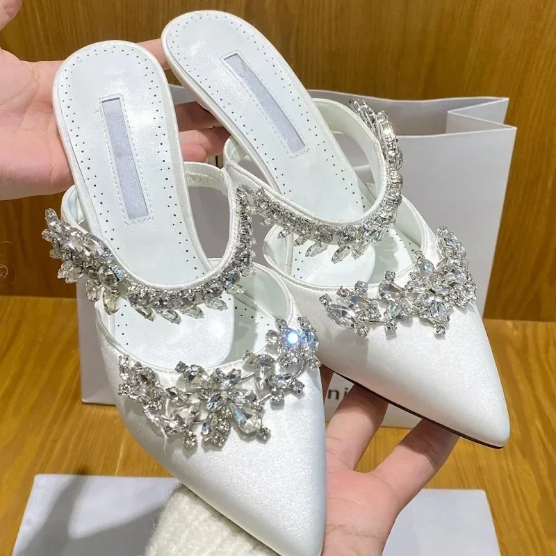 Pointed Toe Rhinestones Luxury High Heels Sexy Designer Party Dress Shoe Women 2024 Summe Elegant Mule Crystal Thin High Sandals