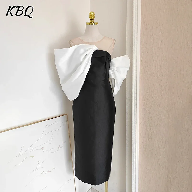 

KBQ French Style Elegant Mesh See Through Splicing Three-dimensional Bow Tie Waist Cinching Slimming Slit Dress Female Fashion