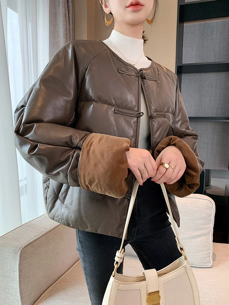 

2023 New High Quality Real Sheepskin Leather Jackets Women 90%White Duck Down Women's Winter Down Jacket Warm Coat Fem