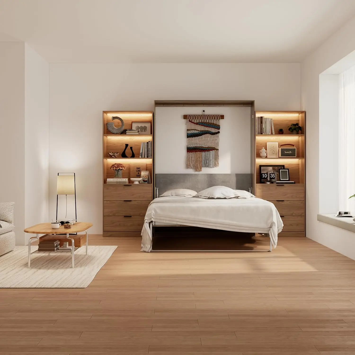 Queen Murphy Bed,Farmhouse Guest Beds,Folding Wall Bed with Hydraulic Bar,64" W Twin Murphy Beds with 2 LED Storage Cabinet