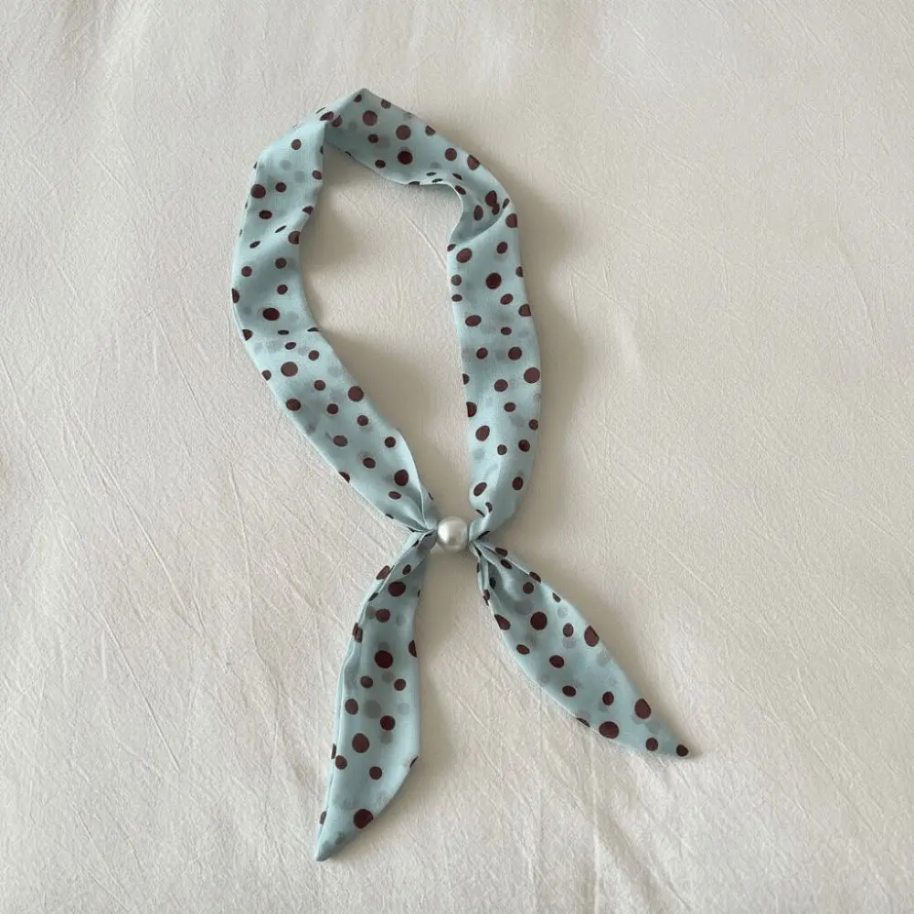 New Vintage Thin Polka Dot Neckerchief Beads Adjustable Silk Scarf Necklace Elegant Pearl Choker Scarf Work
