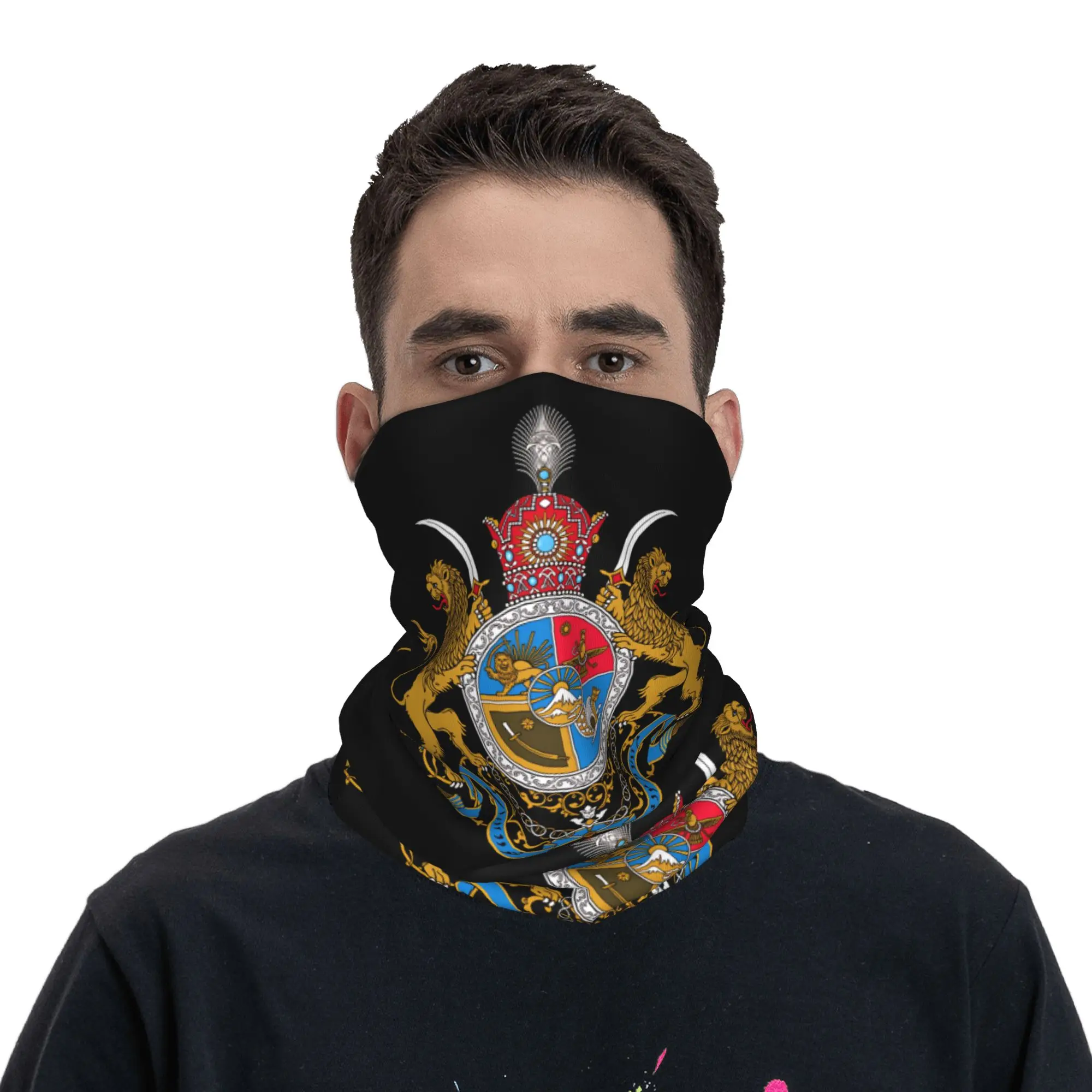 

Iran Flag with Lion and Sun Emblem Bandana Balaclava Autumn Riding Fishing Sun Protection Bicycle Mask Seamless Soft Face Masks