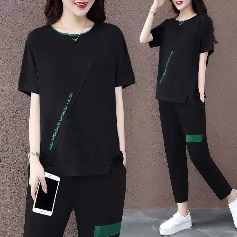 Komplet sportowy plus size dla kobiet na lato 2024, modny, luźny krój, dwuczęściowy zestaw, narzutka.