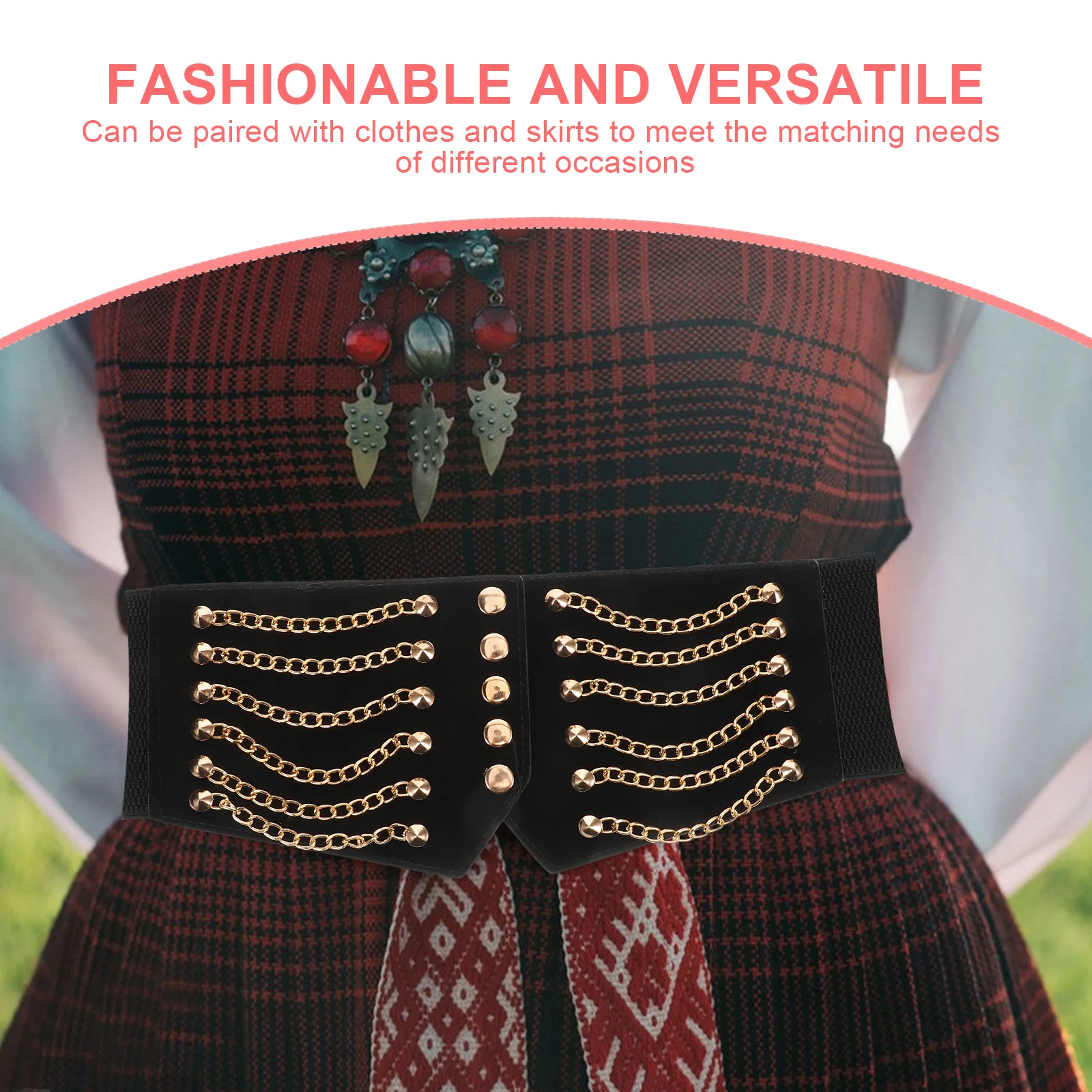 Cintura larga da donna Cintura elastica vintage con occhielli a catena in metallo Cintura con lacci alla moda per abiti