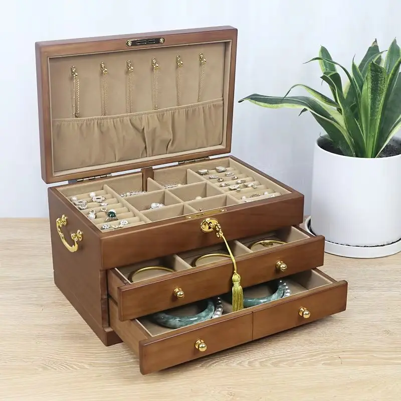 

Wood Jewelry Box Large Capacity Earring Storage Box Lockable Makeup Box with Hooks Removable Dividers Stylish Organizer