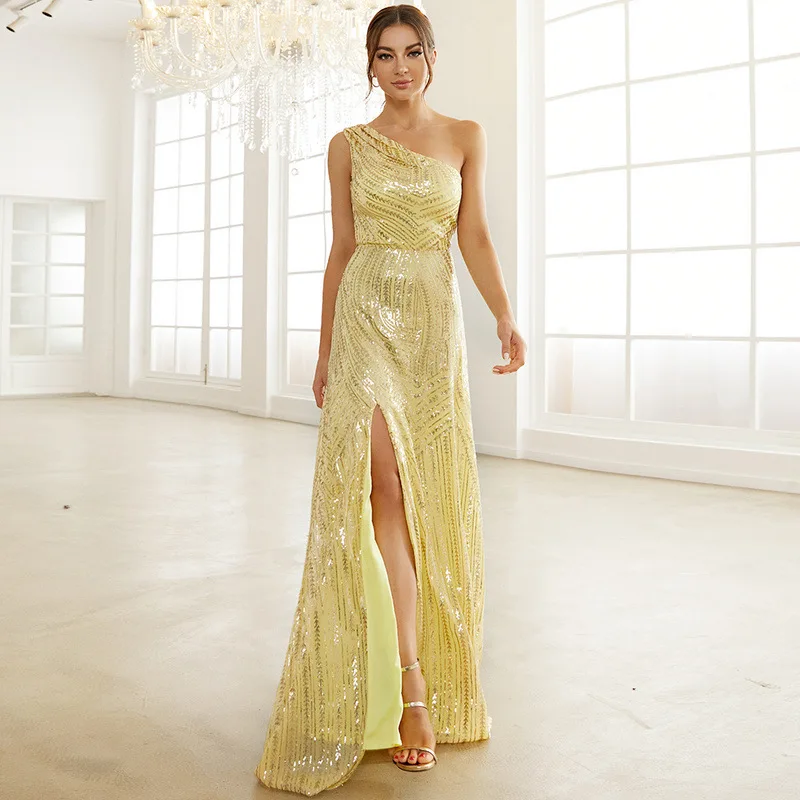 Sexy Elegant Women Summer One shoulder Backless Split dresses Ladies Yellow Sequined Party Evening Cocktail Prom Mermaid dress