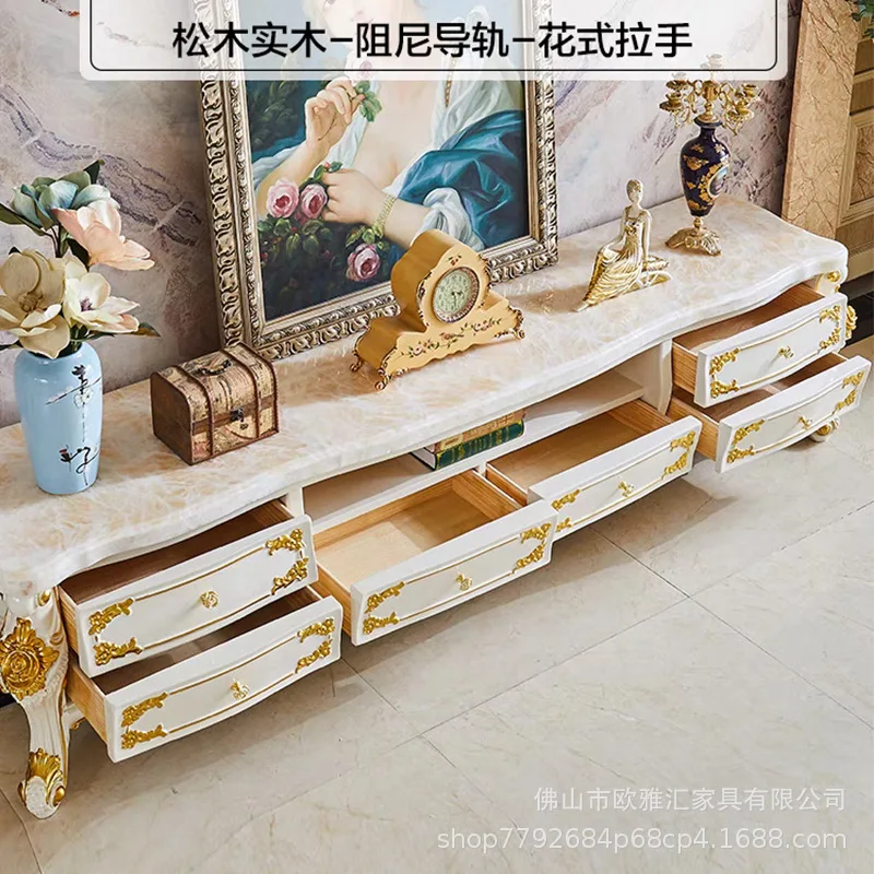 European-style marble coffee  for living room, solid wood carved tea table, TV cabinet combination, luxurious