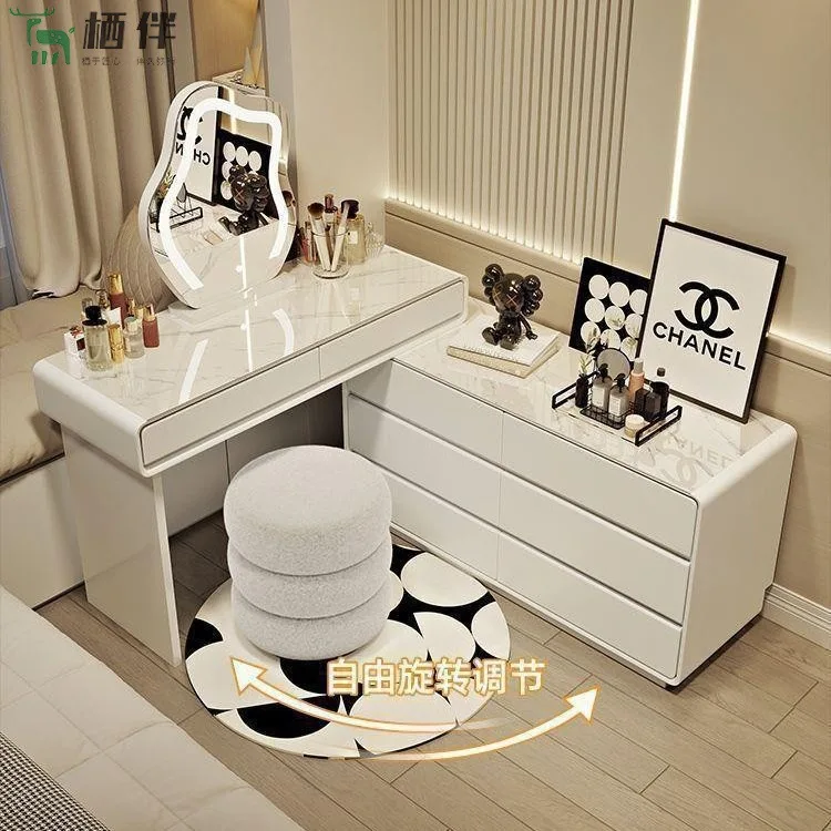 Household Solid Wood Rock Slab Dresser Modern Simple Bedroom Princess Style French Dressing Table Chest Cabinet Integrated Dress