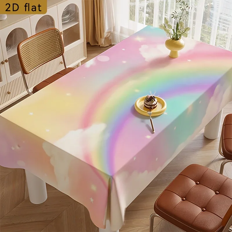 One pastel-colored tablecloth with a rainbow cloud and star background, for 2D flat kitchen or dining area.xzj