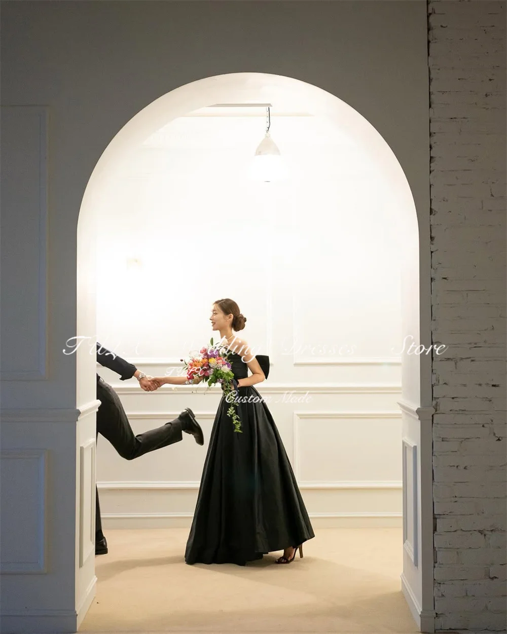 TULX Elegantes schwarzes Taft-Abendkleid, trägerlos, ärmellos, Korea-Hochzeits-Fotoshooting-Kleid, bodenlanges Korsett, individuell gestaltet