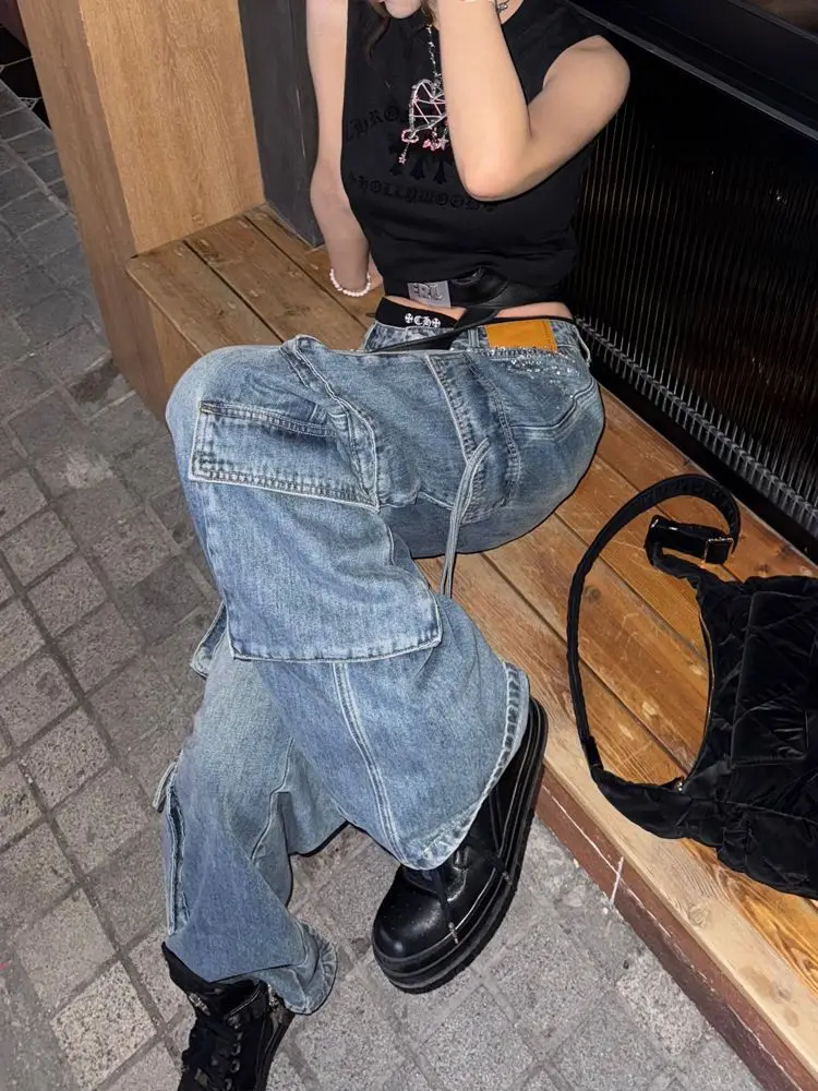 Vintage blauwe Y2k jeans 2025 herfst harajuku jaren 90 baggy denim broek streetwear mutil zakken jaren 2000 broek oversize kleding