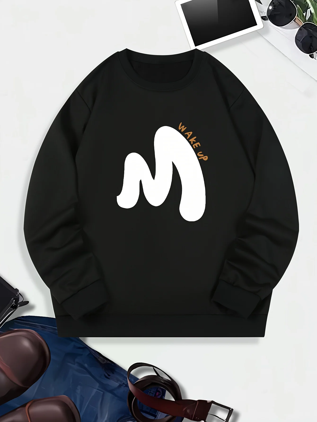 

Мужская повседневная толстовка с круглым вырезом и принтом «M Wake Up», трикотажная ткань из 100% полиэстера, легкая стрейч, свободный крой