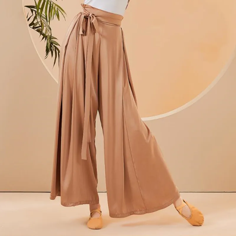 Chinese Skirt Pant Practice Dancing Clothes for Women Chiffon Wide Leg Culotte Flowy Belt Modern Folk National Dancer Costume