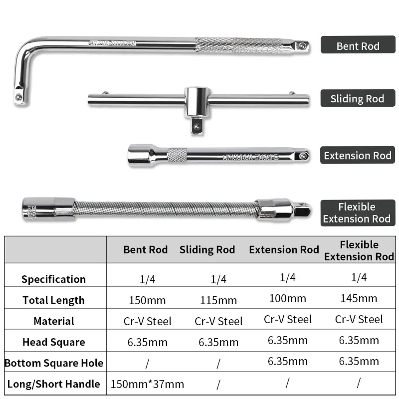 

4 шт. L-образный ключ, скользящий Т-образный шатун, гибкая головка, удлинитель, адаптер для удлинителя, набор торцевых ключей
