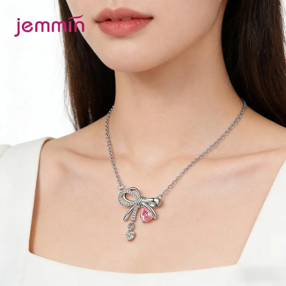 

Изящные кулоны-подвески из стерлингового серебра 925 пробы с розовым бантом и кристаллами циркона для женщин и девушек, подарок на годовщину, украшение для вечеринки