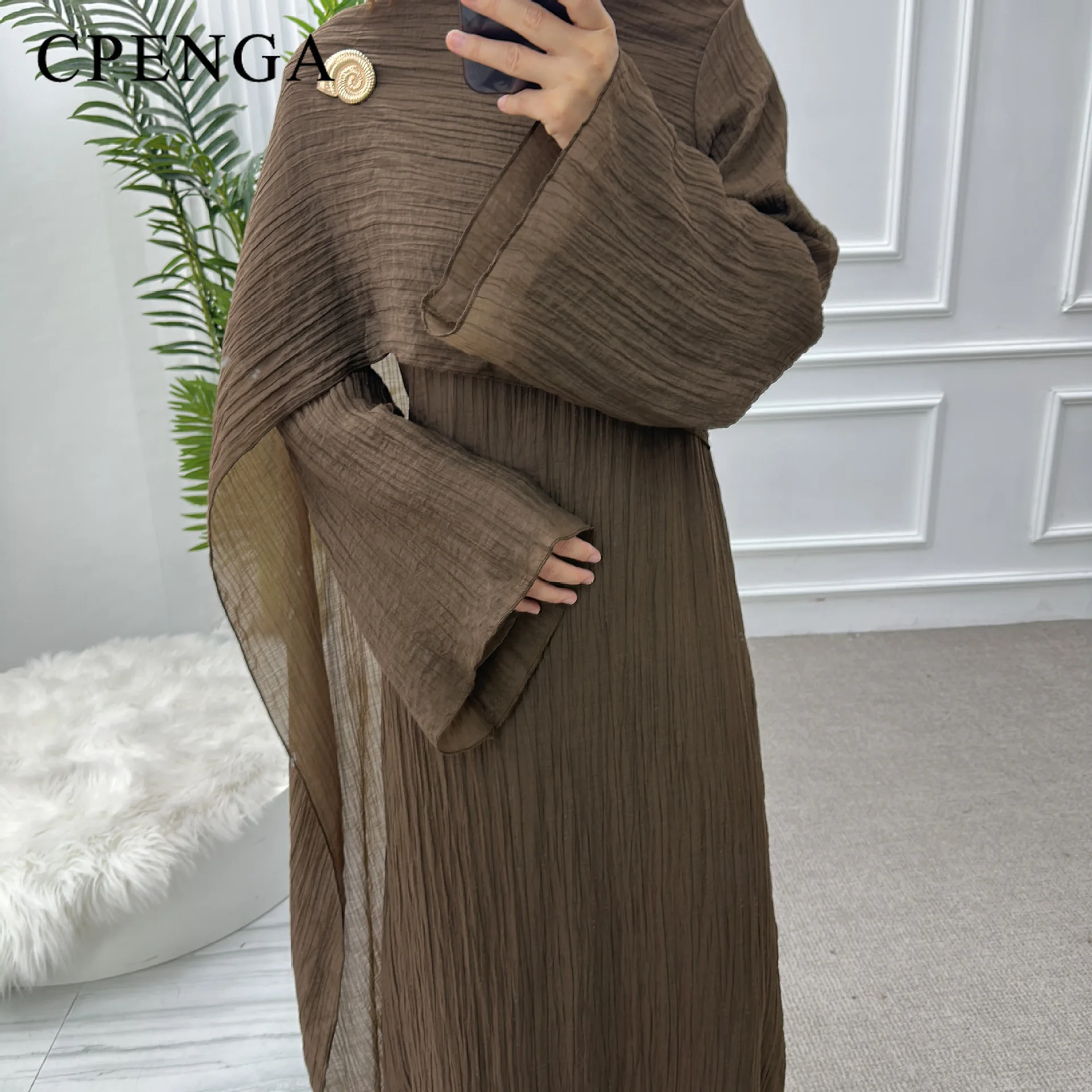 Two Piece Middle East Muslim Cardigan Set for Women Ramadan Eid Dubai Modest Abaya Dress Elegant Islam Solid Turkey Robe Outfit
