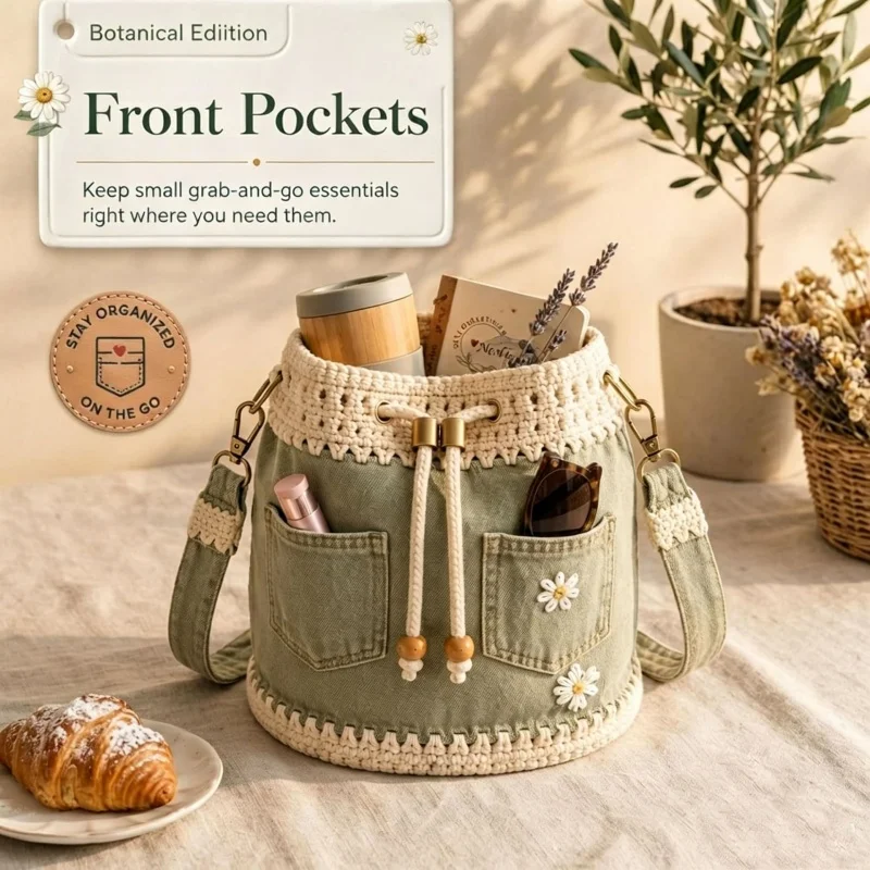 Denim Crochet Bucket Bag Handmade Crochet Flower Tote Drawstring Crossbody Bag Knit Floral Purse Bag Women Vacation Shoulder Bag