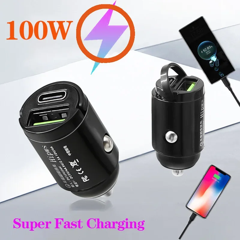 

100W 66W 5A Invisible Mini Car Charger 2 Ports Car Charger Fast Charging PD/QC Car Cigarette Lighter Flash Charge