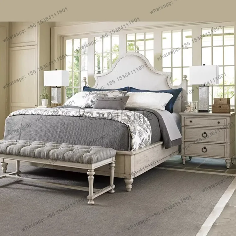 Zj. American country solid wood double bed simple retro white soft bag