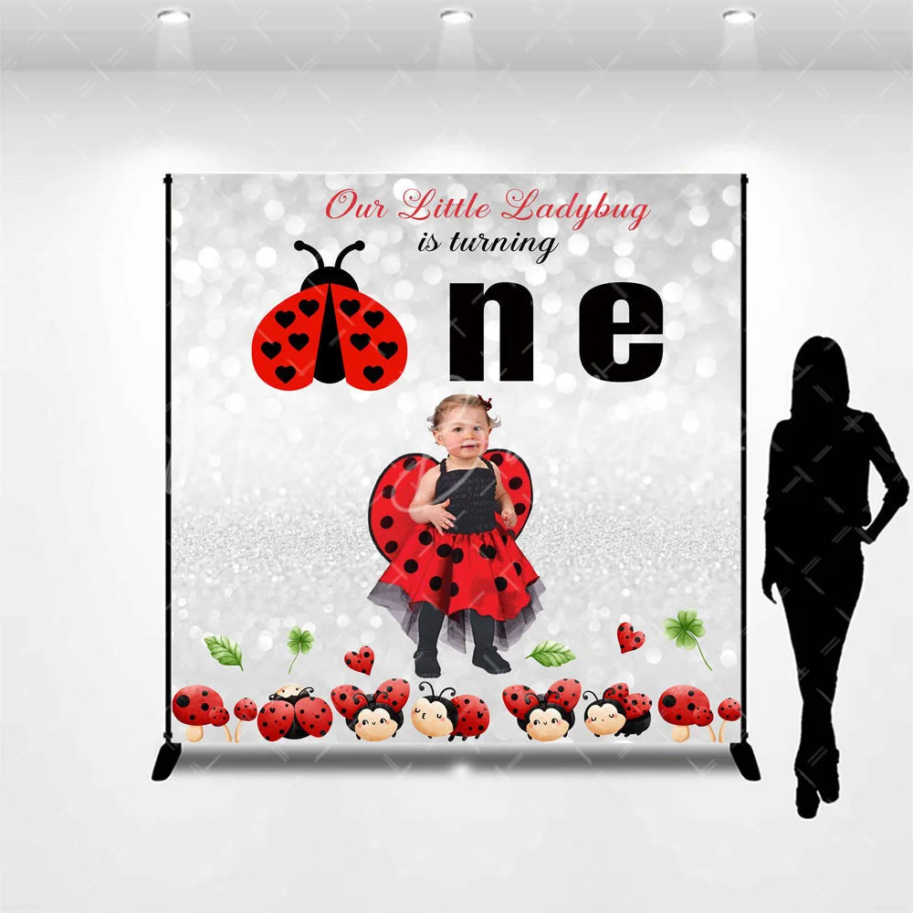 Cute Ladybird Silver Bokeh Custom 1st Birthday Backdrop for Girl, Insect Photography Background Studio Wall Decoration