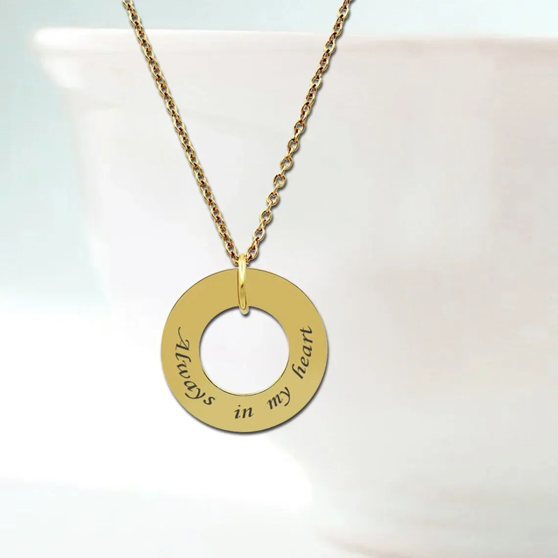 Custom Personalized Name Text Date Necklace Engraving Words Stainless Steel Circle Round Pendant Washer Gift for Mothers Day