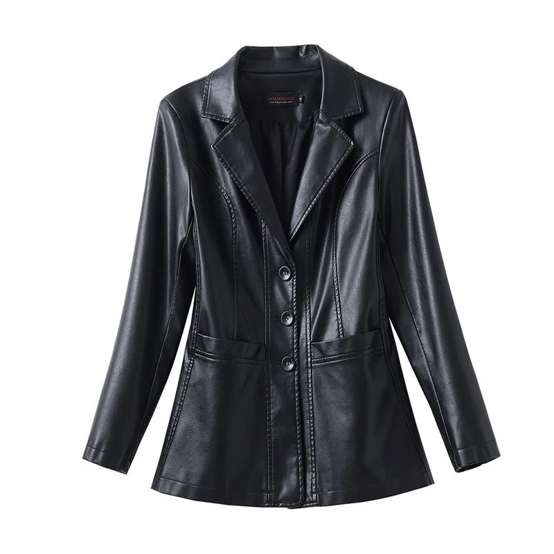 New Women Leather Jacket Spring Autumn Fashion Suit Collar Single Breasted Slim Blazer Solid Leather Long Sleeve Coat
