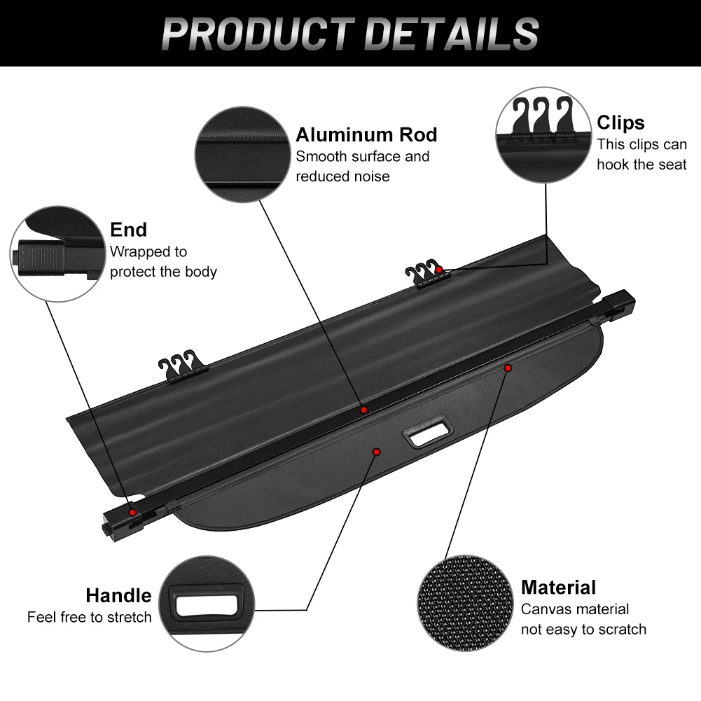 Car Interior Cargo Cover Trunk Cover Luggage Carrier Curtain Black Retractable Cargo Cover Fit Ford Edge 2015-2021PLUS