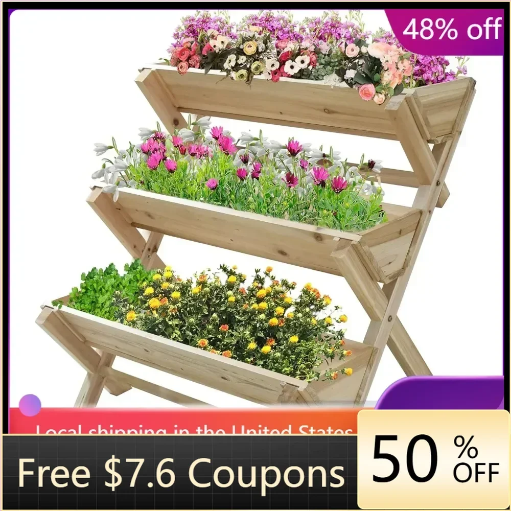 35x22x36 inches 3-Tiers Wooden Raised Garden Bed, Fir Wood Flower Rack Vertical Flower Pot Stands for Patio, Outdoor,Natural