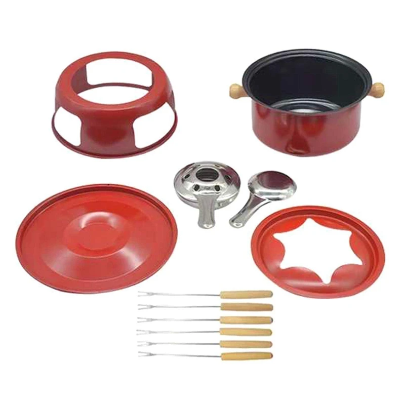 Red Mini Stainless Steel Fondue Pot Set Cheese Chocolate Fondue 6 Dipping Forks And Removable Pot Melts Candy Sauce Dip images - 6