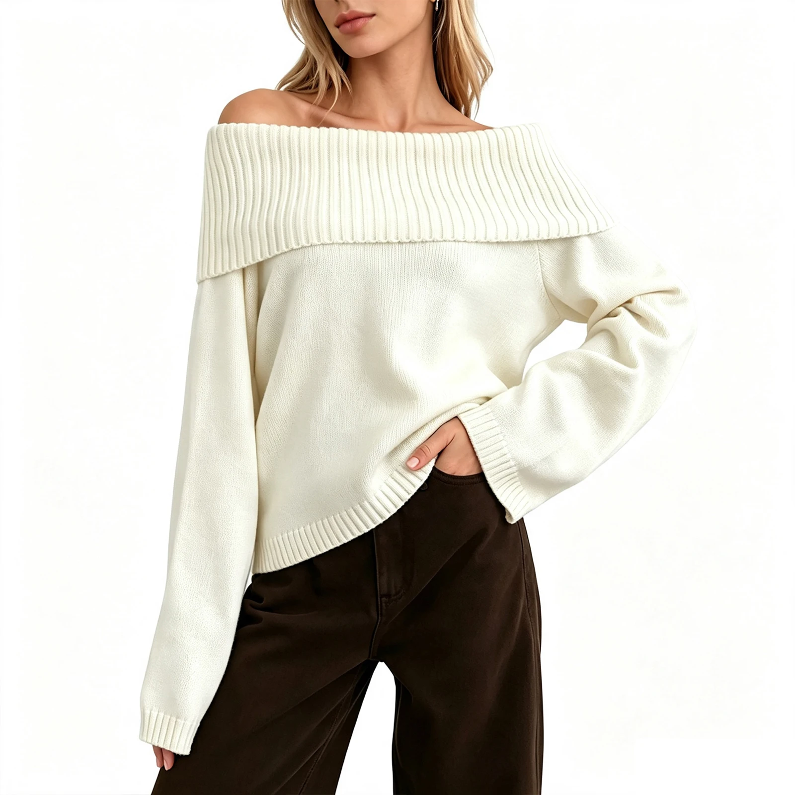 Womens Off Shoulder Sweater Solid Color Lightweight Long Sleeve Knit Tops