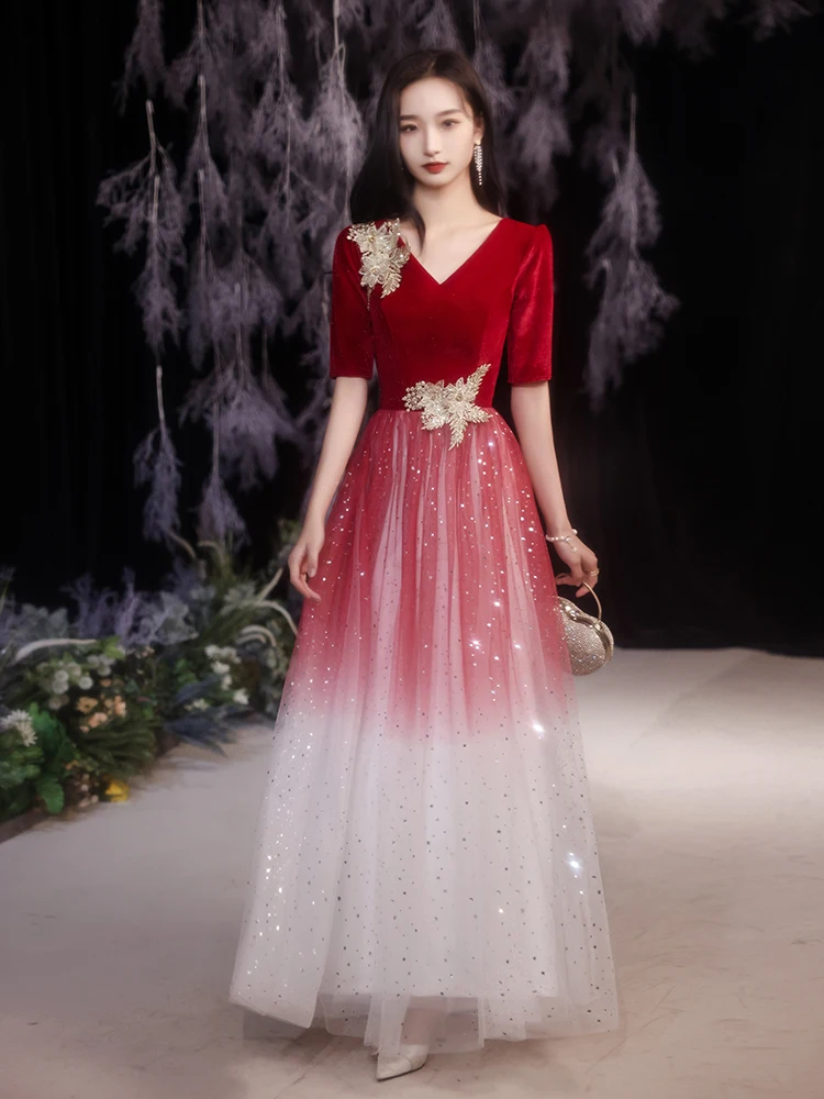 Red gradual change evening dress big choir performance dress long dress