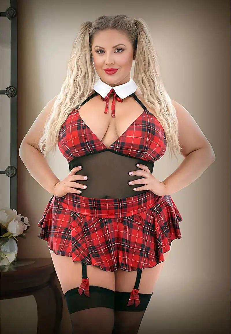 Stylish Plus Size Lady Cosplay Schoolgirl Lingerie Dress Sexy Large Size Naugty Cosplay Student Costumes Nude Halter XXL Outfits