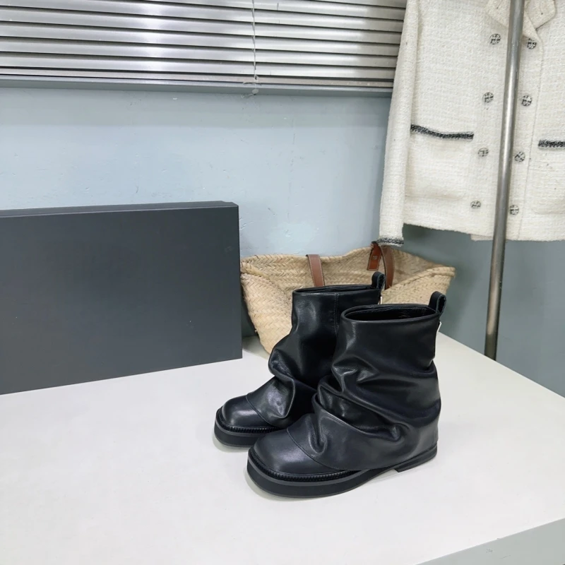 Autumn Winter new French Vintage leather real square head raised thick bottom fashion boots short comfortable boots short women boots