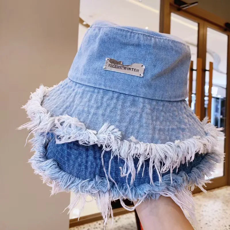 Fashion Rough Edge Ripped Denim Fisherman Hats Summer Women\'s Washed Old Bucket Hat Outdoor Ladies Big Eaves Sunshade Cap