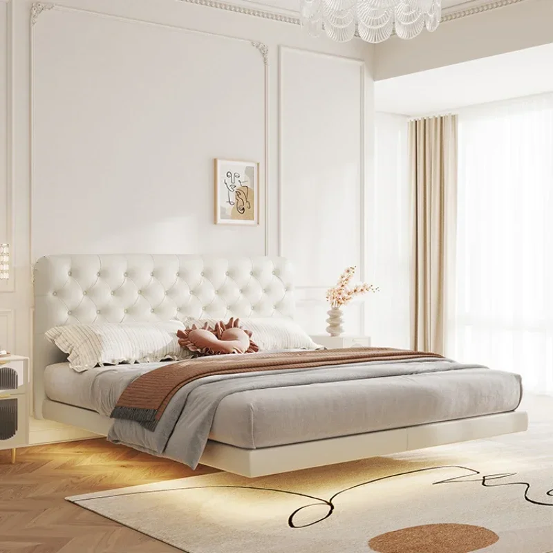 

Light luxury cream style suspension bed, master bedroom, soft bag bed, 1.8m marriage bed, suspended leather bed