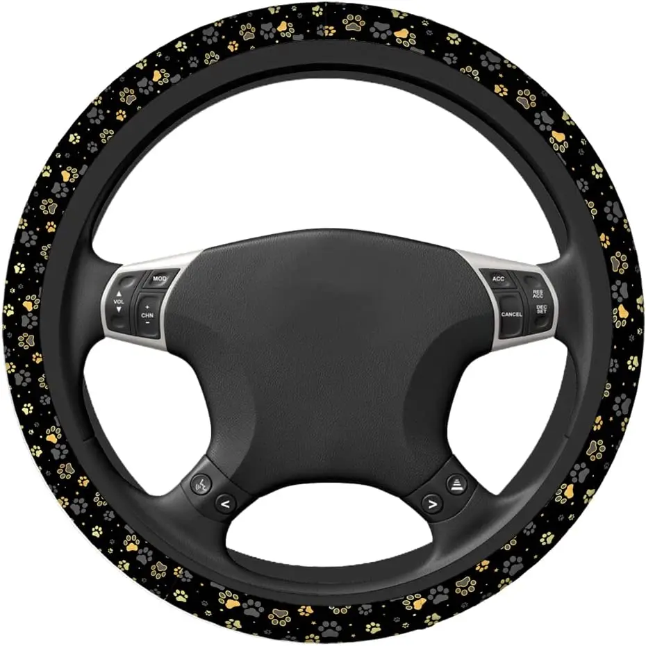 Paw Print Cute Car Steering Wheel Covers Gold Dog Paw Print and Star Pattern On Black Universal Fit 15 Inch