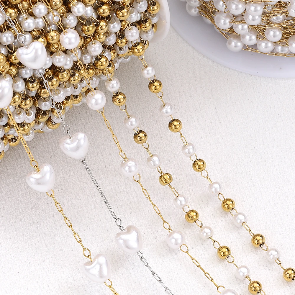 1 Meter Stainless Steel Heart Shape ABS Pearl Beads Chains for DIY Necklace Bracelet Glasses Chain Jewelry Making Accessories