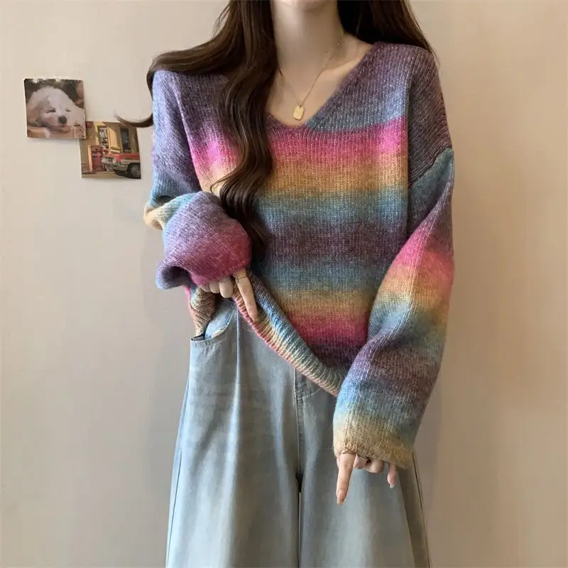 

Large Size Women's Autumn and Winter New Collection Lazy Style Color V-neck Knitted Sweater Women's Loose Belly Cover Top