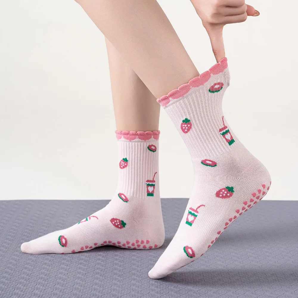 Women's Yoga Socks Mid-Calf Cherry Pattern Professional Anti-Slip Fitness Pilates Floor Socks White