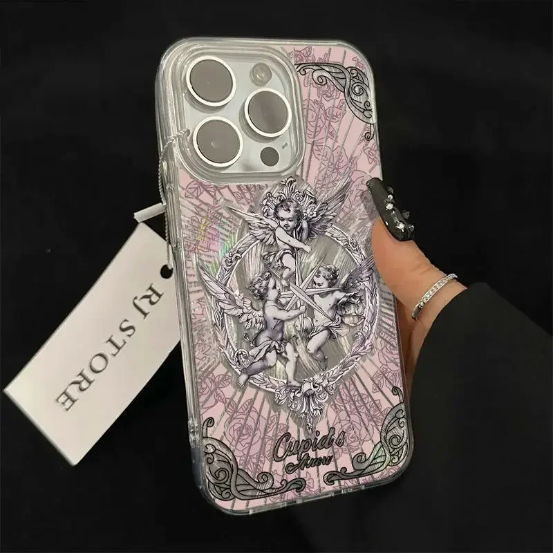 Luxury Retro Cupid Angel Phone Case For Xiaomi Redmi Note 7 8 9S 10 10S 11 12 13 Pro Plus 4G 5G Feather Texture Hard Cover