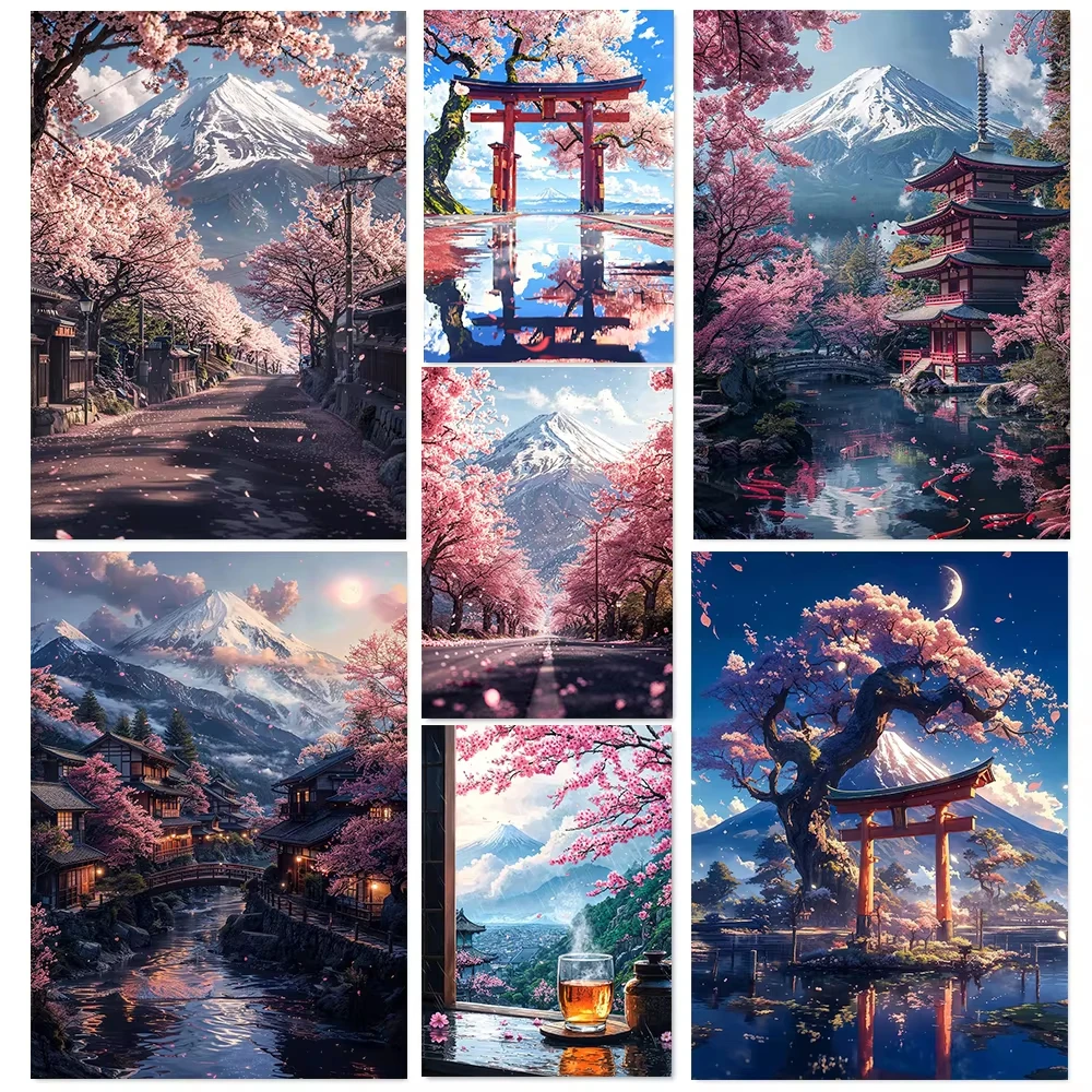 5D DIY Diamant-Malerei-Set Japan Sakura Dorf Schrein Fuji Kunst Vollbohr-Strass-Mosaik Wanddekoration Bastelset Geschenk für Zuhause