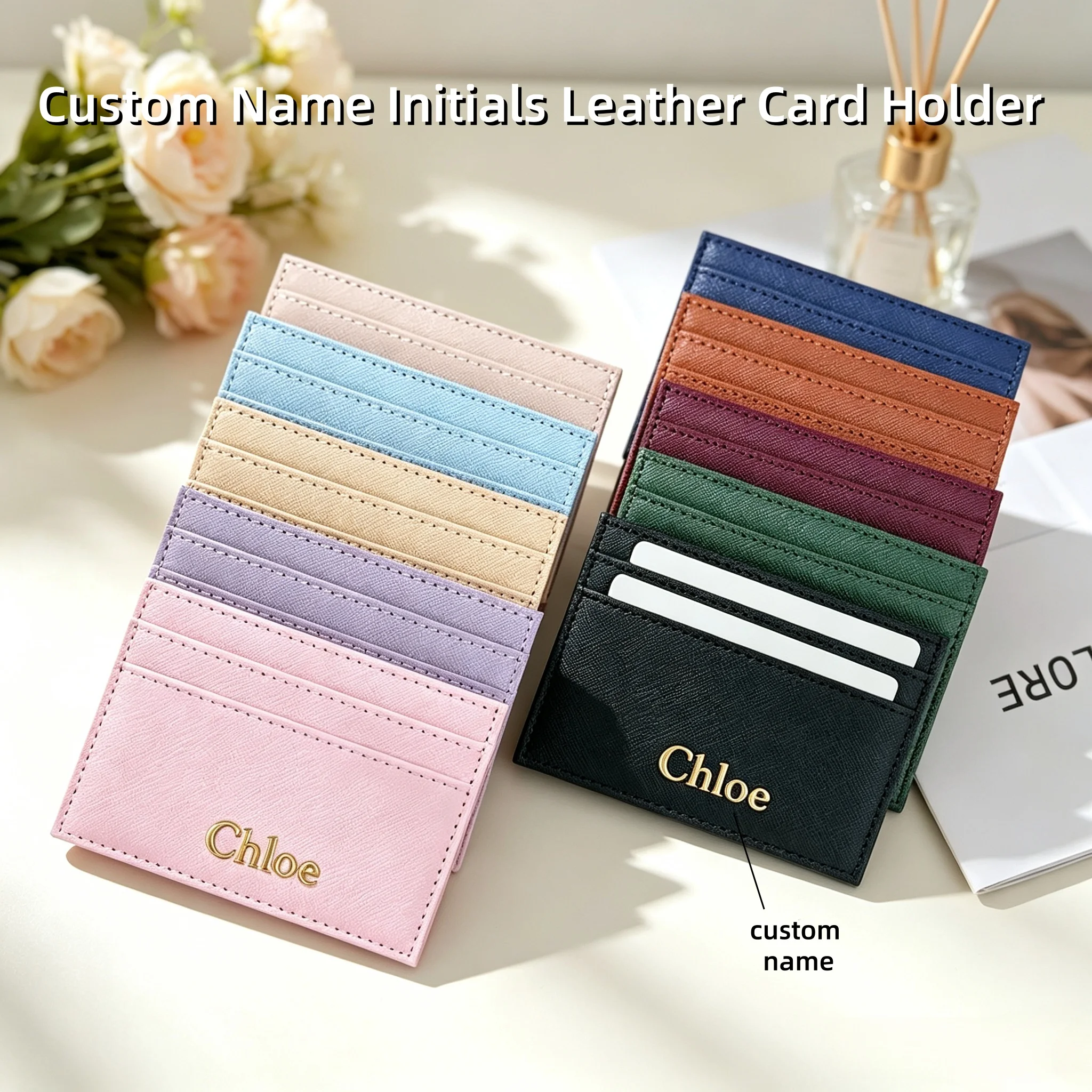 Customizable Name Letter Cross Texture PU Simple and High-End Multi-Color Women's Gift Multi-Slot Coin Wallet Card Case