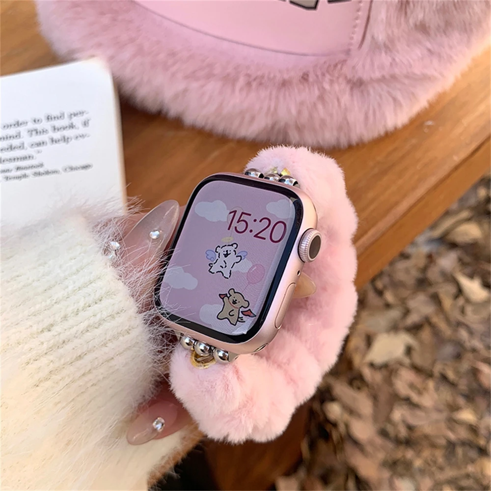 Cute Furry Maillard Plush Ball Soft Strap For Apple Watch 44mm 40 45 41 49 42 38 Gift Bracelet For Ultra Series 9 8 SE 7 6 5 4 3