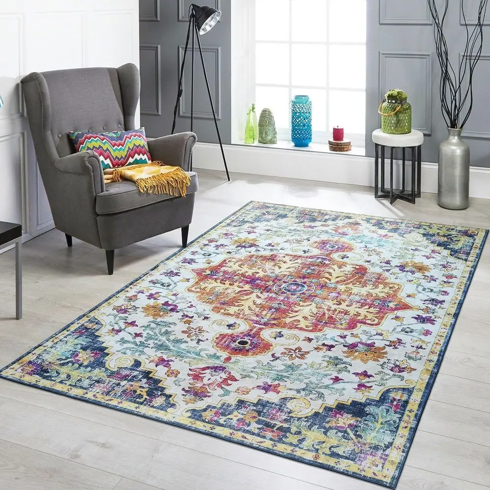 

6x9 Machine Washable Area Rugs, Stain-Resistant Polyester for Living Spaces and Bedrooms, Colorful Blue Patterns