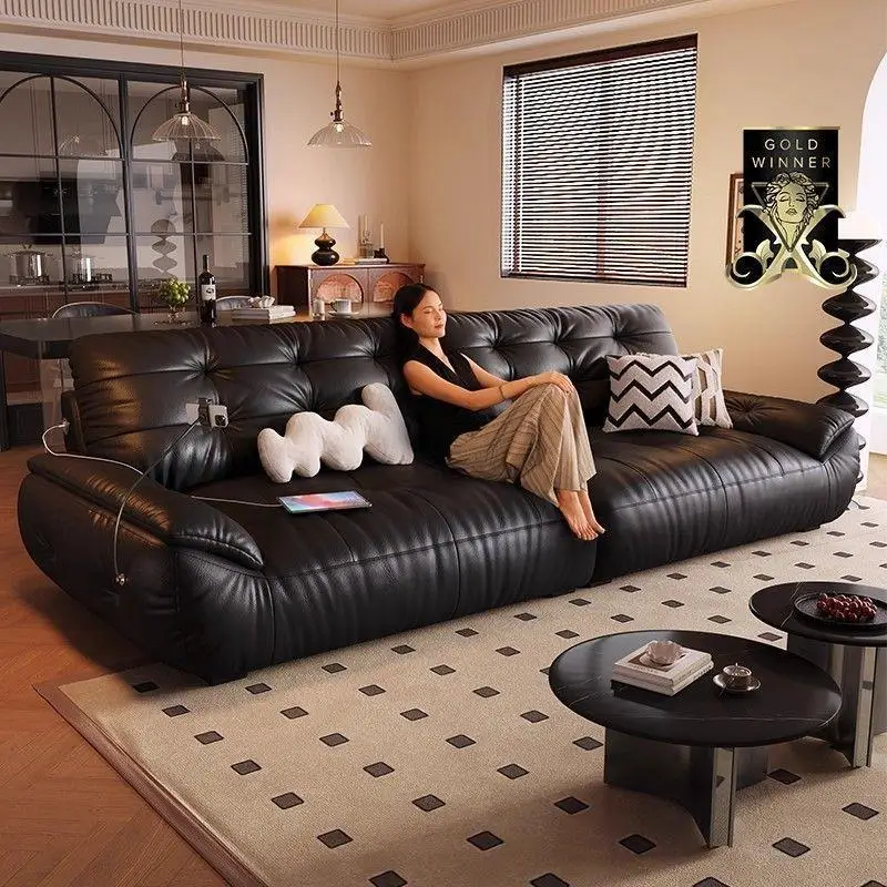 Medieval style space cloud leather sofa first layer cowhide light luxury retro straight row living room black sailing sofa