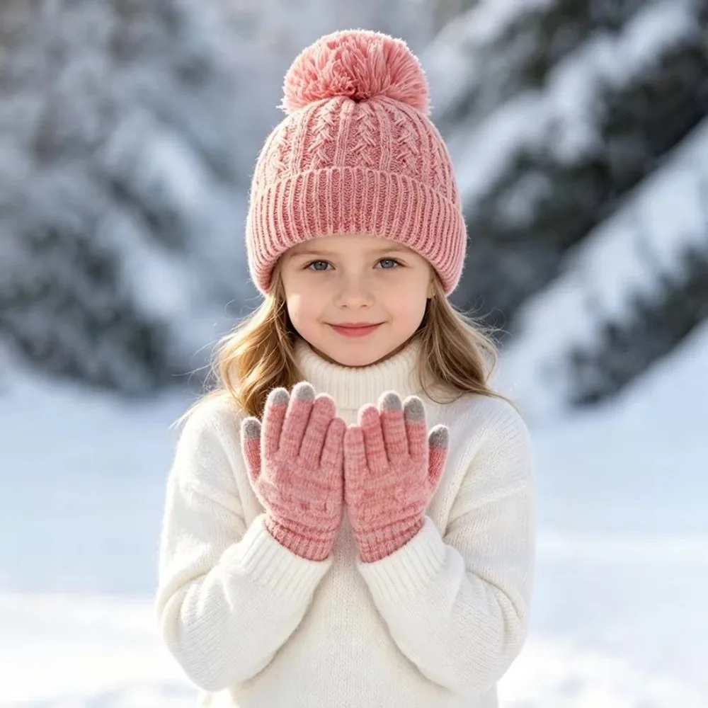 2Pcs/Set Fashion Winter Children Hat Gloves Set Warm Windproof Knitted Hats Gloves Lining Pompom Touchscreen Gloves Outdoor